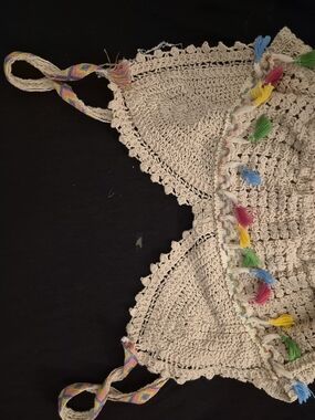 Crochet Bralette Top in Cream with Multicolor Tassels
